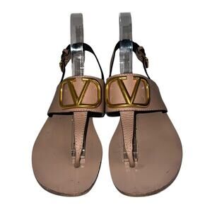 Valentino Garavani VLogo Signature Beige Leather Thong Sandals Size EU 37